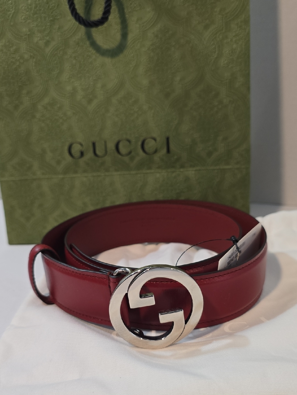 Gucci Red Calfskin Leather Silver Interlocking G Buckle Belt 